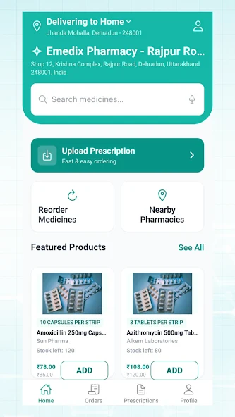 JiFi app preview showing pharmacy search, prescription upload and medicine ordering