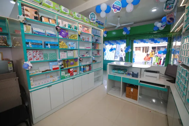 Another view of the bright counter and shelves inside the pharmacy. — Kahalgaon, Bhagalpur