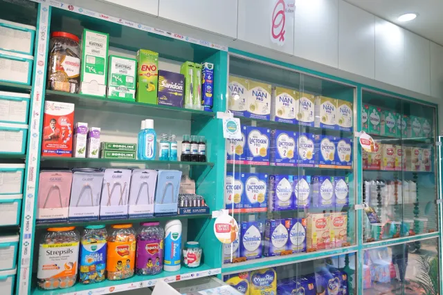 A closer look at the products arranged along the pharmacy shelves. — Sakchi, Jamshedpur