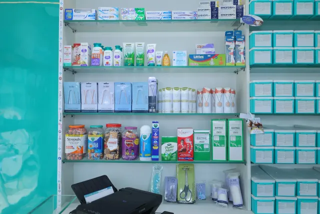 Aqua shelving and product displays bring detail to the interior. — Kotwali Chowk, Bettiah