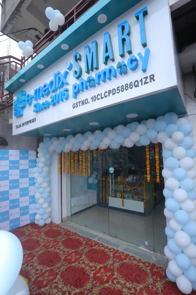 A balloon-framed doorway welcomes visitors into the pharmacy. — Mubarakpur, Danapur