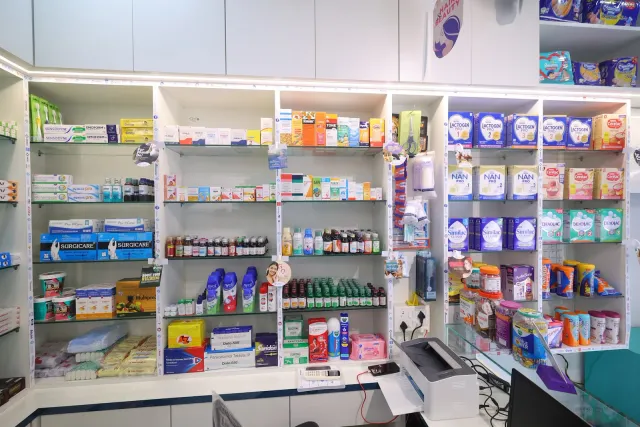 A closer view of the bright shelves and product displays. — Tribhuvan More