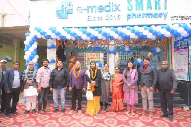 Opening-day guests gather in front of the decorated store. — Ramdayalu
