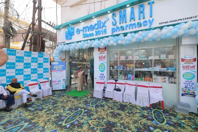 Balloons and opening-day seating welcome guests to the pharmacy. — Supriya Cinema Chowk