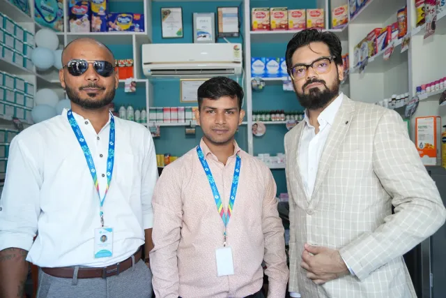 The team and guests pause for a photograph inside the pharmacy. — Balua, Motihari