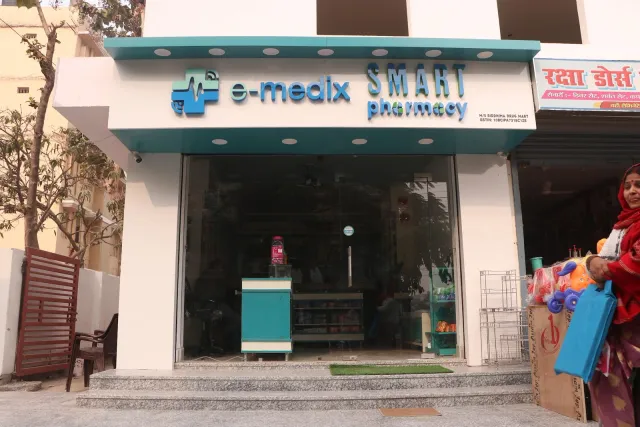 The familiar e-medix sign welcomes the neighbourhood. — Ramnagri Store