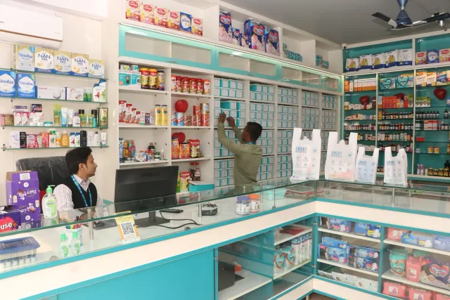 Glass counters and open shelving reveal another view of the store. — Ramnagri Store