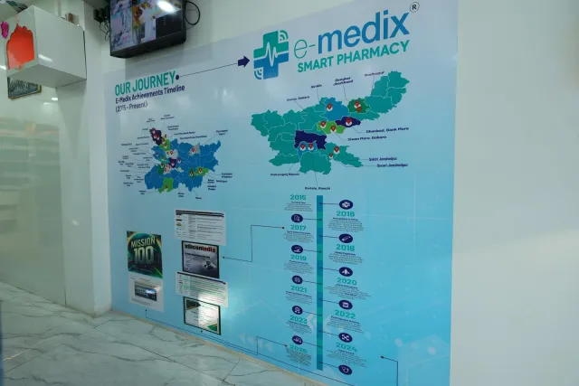 The e-medix journey display adds a story to the pharmacy interior. — Bhurbhura More, Deoghar